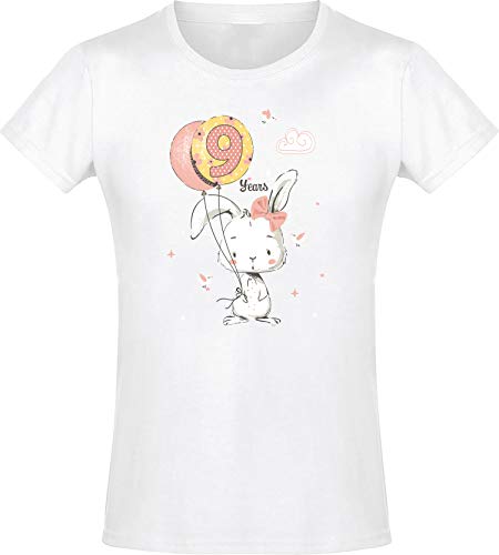 Geburstagsgeschenk für Mädchen : 9 Jahre mit Hase - Mädchen Tshirt - Geburtstagsshirt - Mäddchen T-Shirt (Weiss 140)