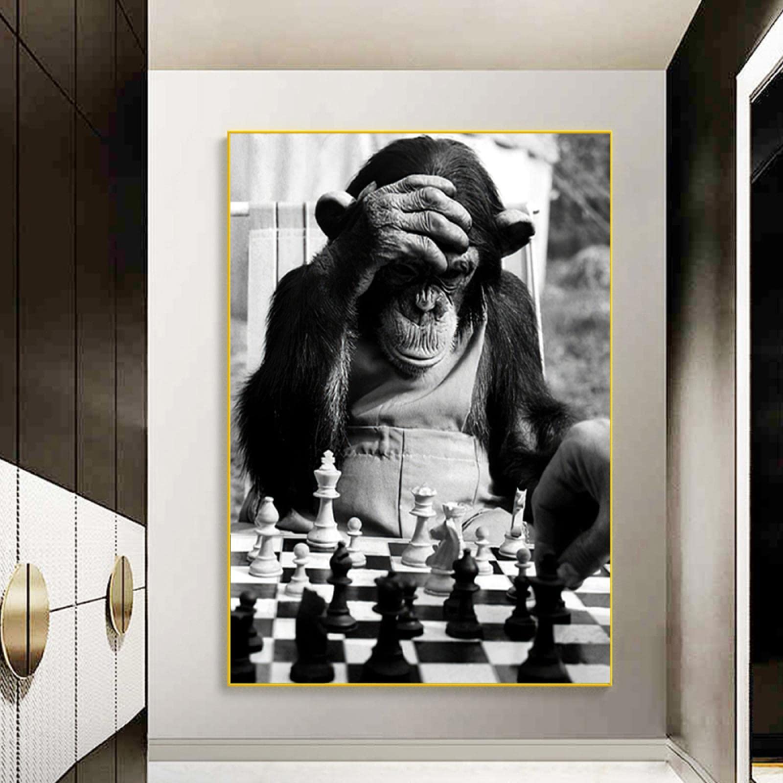 Lustige Tierbilder Abstrakter Affe spielen Schach Schwarz-Weiß-Poster Schimpansen Druck an der Wand Kunst Leinwand Gemälde 50 x 70 cm rahmenlos