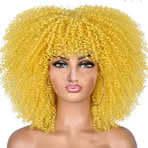Lange lockige Afro-Perücke mit Pony für schwarze Frauen Afro Bomb Kinky Curly Hair Wig Volle und weiche synthetische Perücken 18 Zoll (O)