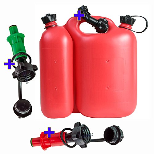 Doppelkanister 5,5+3 Liter rot inkl. 1 Ausgiesser und 2 Sicherheits-Einfüllsysteme rot und grün Kombikanister