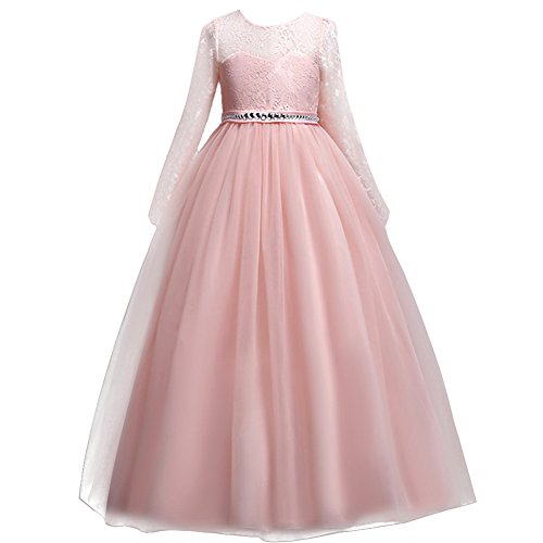 IBTOM CASTLE Festlich Mädchen Kleid für Kinder Sweet Prinzessin Langarm Spitzen Kleider Hochzeit Blumenmädchenkleid Rosa 6-7 Jahre