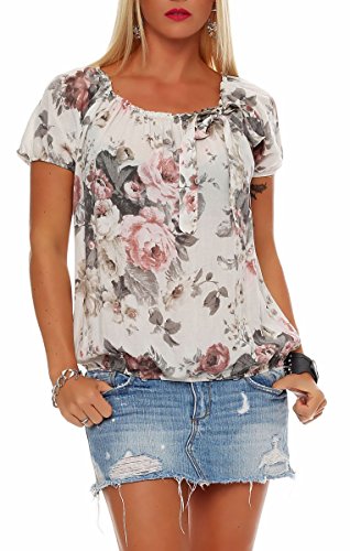Malito Damen Blusenshirt mit Blumen Print | Oberteil mit Schleife | Hemdbluse - Tunika - modern 3443 (Creme)