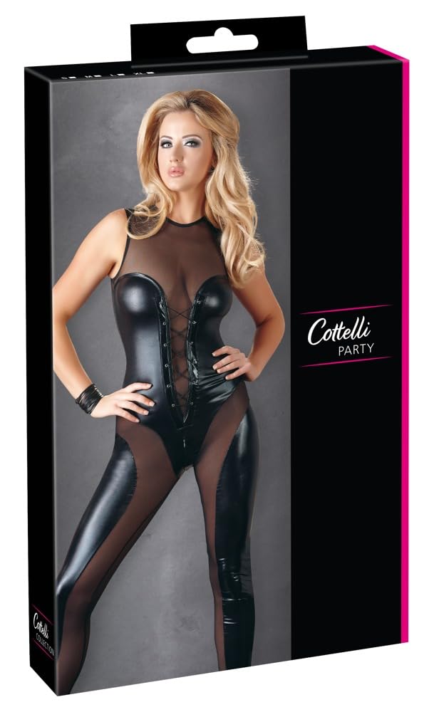 Cottelli Collection Overall Wetlook - verführerischer Overall für Frauen, erotischer Catsuit im glänzendem Wetlook, Zipper im Schritt, schwarz