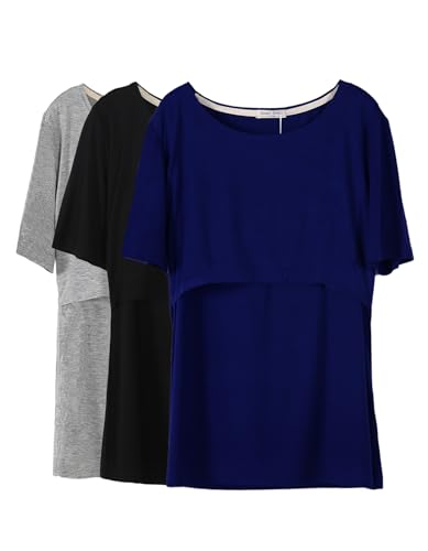 Smallshow Stillshirt Umstandstop T-Shirt Überlagertes Design Umstandsshirt Schwangerschaft Kleidung Mutterschafts Kurzarm Shirt,Deep Blue/Black/Grey,L