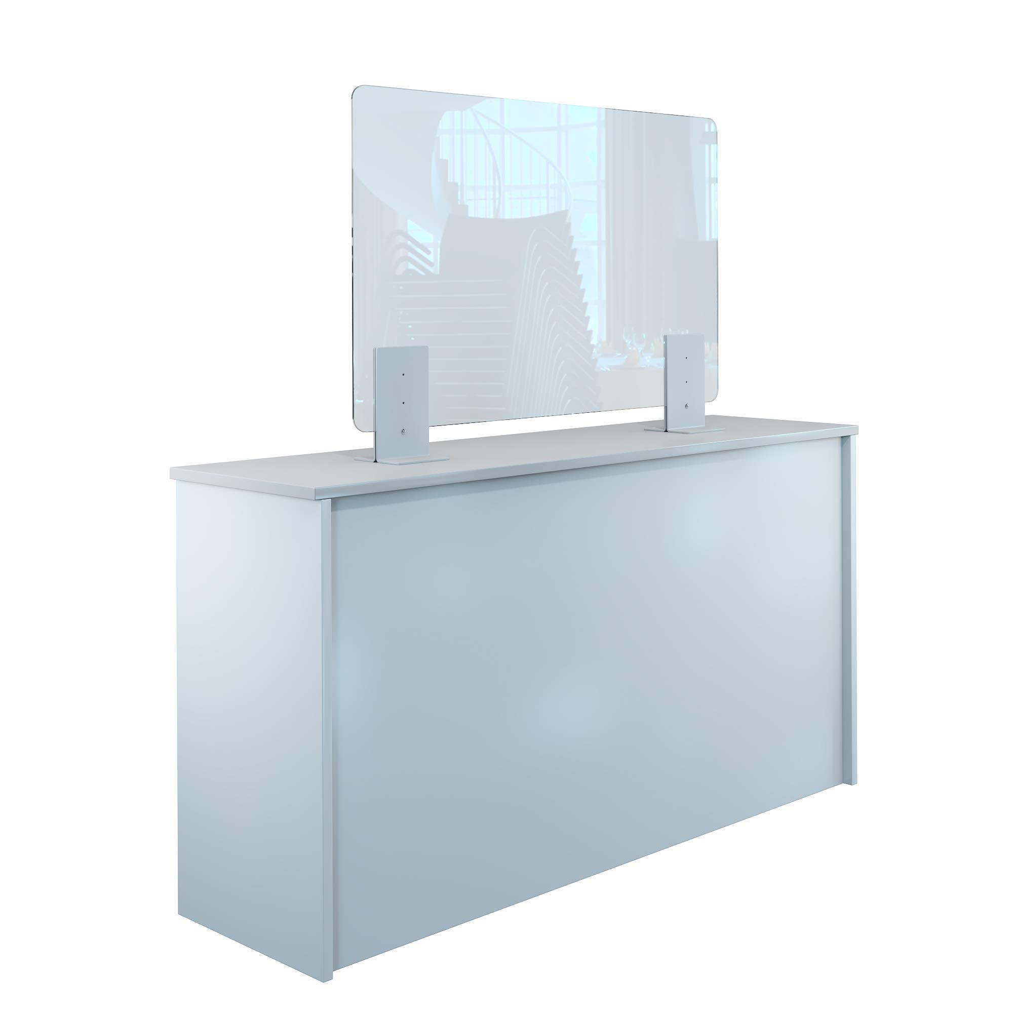 Rulopak Thekenaufsteller Trennwand / Spuckschutz Acrylglas klar mit Metallfüßen Weiß (Höhe justierbar) (B 100 x H 60 cm)
