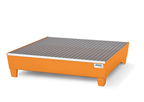 DENIOS® Auffangwanne aus Stahl | mit verzinktem Gitterrost | Stahl | orange | für 4 Fässer à 200 Liter | 220 Liter | 1210 x 1236 x 285 mm | Arbeitssicherheit Notfall-Umweltschutz-Produkte