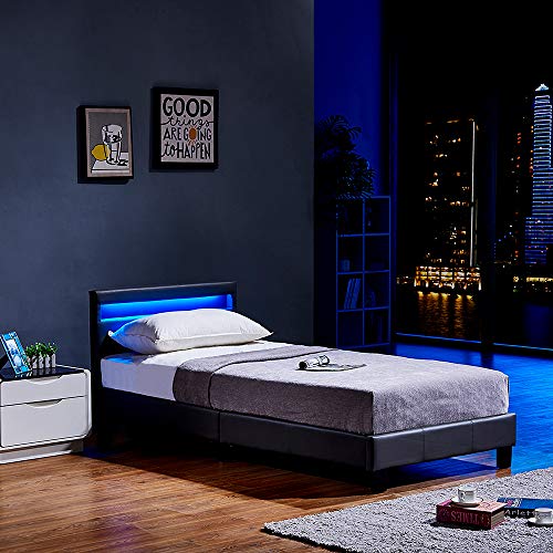 Home Deluxe - LED Bett Astro - Dunkelgrau, 90 x 200 cm - inkl. Matratze und Lattenrost I Polsterbett Design Bett inkl. Beleuchtung