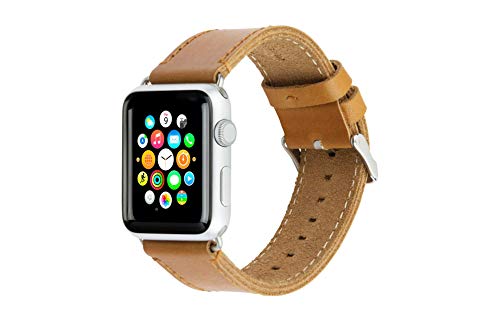 dbramante1928 Echtleder-Uhrenarmband kompatibel mit Apple Watch (42/44mm) [Modell: Copenhagen, Vollnarbenleder, Handgefertigt, Hellbraun / Silber] - AW42LSSI0884