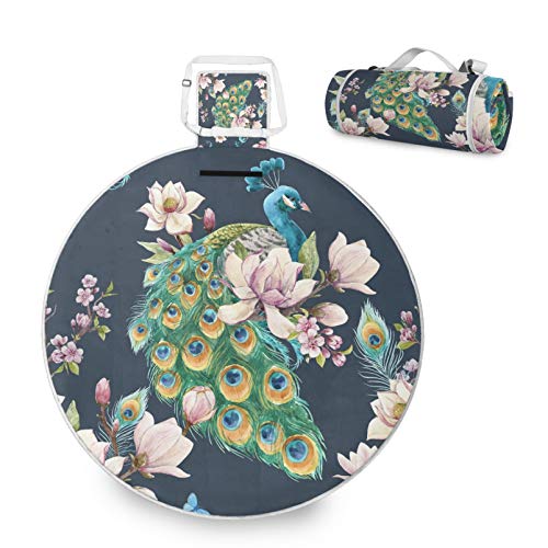 RELEESSS Runde Picknickdecke Pfau Blume Faltbar Wasserdicht Indoor Outdoor Teppich Matte für Strand Reisen Camping Wandern Park Aktivitäten