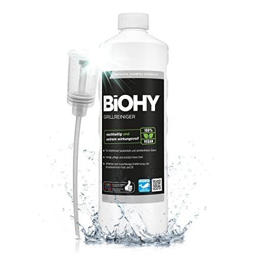 BiOHY Grillreiniger (1l Flasche) + Dosierer | Reiniger für Holzkohle-, Gas- und Elektrogrill | Aktivschaum gegen angebranntes Fett und Öl | Materialschonend, effektiv und nachhaltig