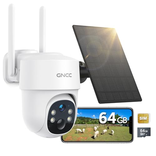 GNCC 4G LTE Überwachungskamera Aussen, Kein WiFi, 2K, 360° Live-Video, Bewegungserkennung, Nachtsicht, Solarpanel, 2-Wege-Audio, 64GB Micro SD&SIM Karte, Datenplan Erforderlich