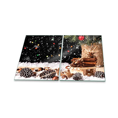 decorwelt | Herdabdeckplatten 2x40x52 cm 2-Teilig Weihnachten Bunt Ceranfeld Universal Spritzschutz Glas Deko Elektroherd Induktion für Kochplatten Herdschutz Schneidebrett Sicherheitsglas