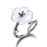 Lotus Fun S925 Sterling Silber Damen Ringe Blume im Regen Offener Ring Handgemachte Schmuck für Frauen und Mädchen. (Altes Silber)