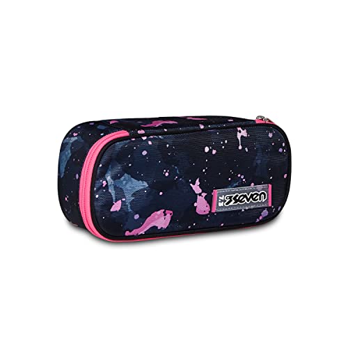 Schulstifthalter SEVEN ROUND PLUS BIG – SPLASHY LILAC – Monozip-Etui mit internem Organizer, elastischen Schlaufen – Stoff aus 100 % Öko-Material