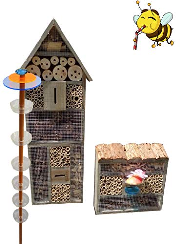 Insektenhaus Dunkelbraun Teak Look mit Schmetterlingshaus braun 2X Bienenhotel, Insektenhotel MIT BIENENTRÄNKE,XXL Bienenstock & Bienenfutterstation für Wildbienen, Hummeln Schmetterlinge