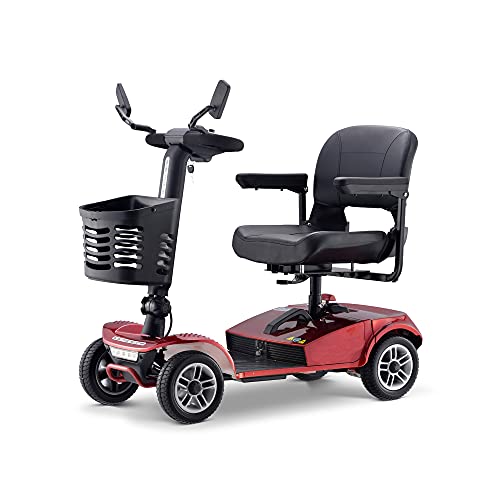 4-Rad-Mobilitätsroller für Behinderte und ältere Menschen, elektrisches Dreirad für Erwachsene mit einer Höchstlast von 150 kg, zusammenklappbarer kompakter transportabler Roller, LED-Leuchten, rot