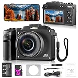Digitai Kamera 4K Kompaktkamera für Fotografie, 48 MP Vlogging-Kamera mit WLAN und kostenloser 64 GB SD-Karte, 18-facher Digitalzoom, Dual-Objektiv-Selfie-Funktion (schwarz)