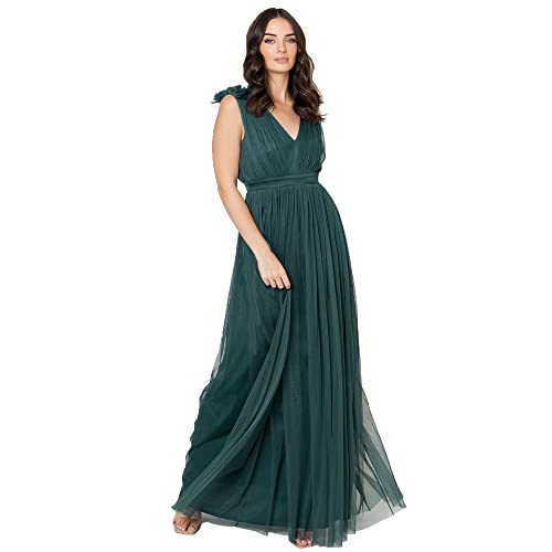 Maya Deluxe Damen Maxi Dress with Ruffle Shoulder Detail Brautjungfernkleid, Emerald Green, 26