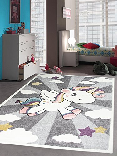Kinderteppich Spielteppich Babyteppich mit Einhorn Regenbogen in Grau Creme Größe 140x200 cm