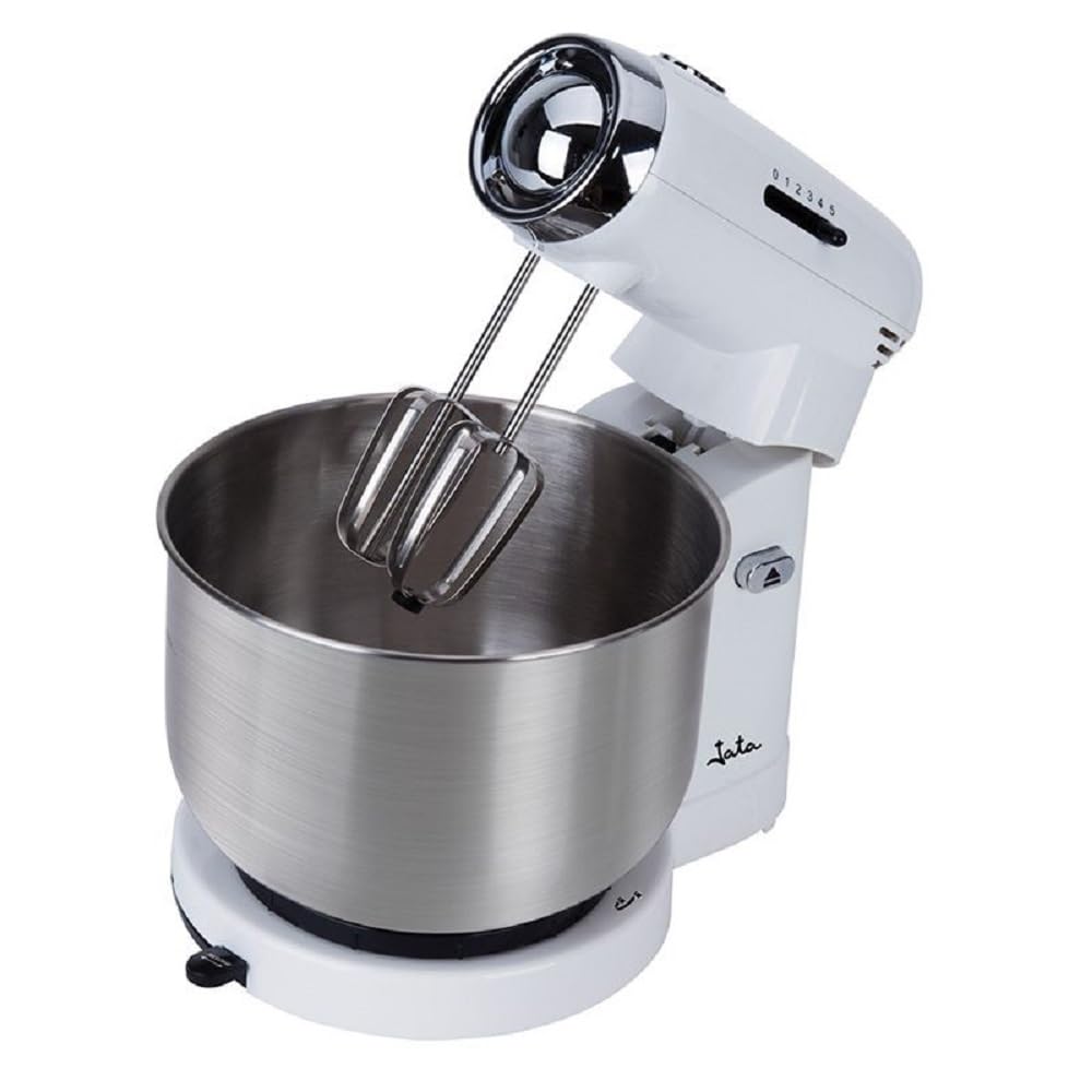 Jata MZ670 Knetmaschine und Mixer mit Edelstahlschüssel, 3,5 l, 5 Geschwindigkeiten, drehbare Basis, zum Anpassen der Schüssel, 2 Spiralen zum Kneten und 2 Mischstäbchen