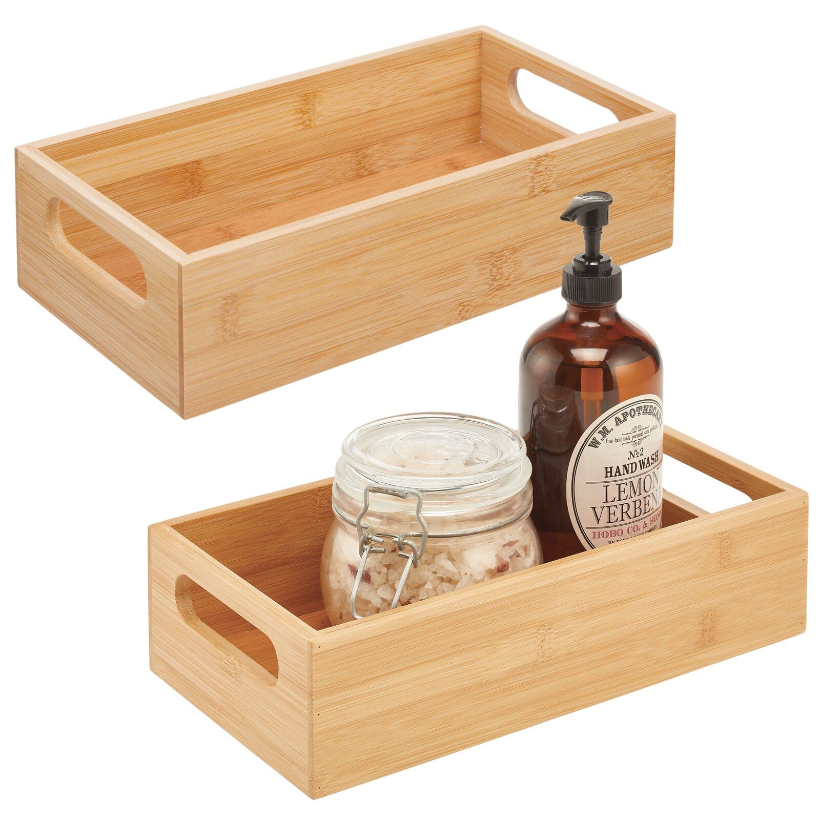 mDesign 2er-Set Aufbewahrungsbox mit Griffen – praktische Holzbox zur Aufbewahrung – für Kosmetik- und Pflegeprodukte – offene Ablage aus Bambusholz fürs Badezimmer – naturfarben