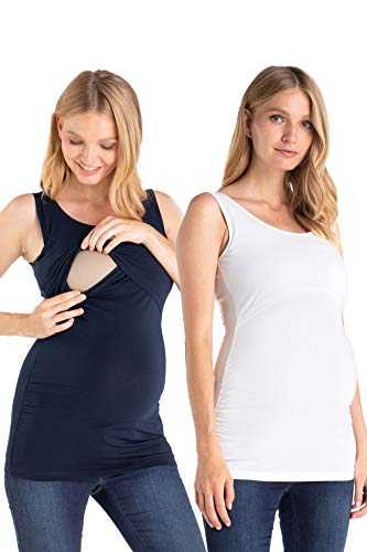 MAMARELLA Umstands- und Stilltop aus Bio-Baumwolle 2er Pack blau & weiß, Doppellagiges Schwangerschafts- und Stillshirt ärmellos mit Stillfunktion im 2er Set (XS)