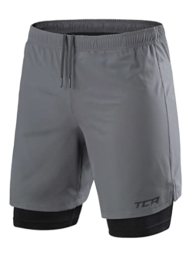 TCA Ultra Herren 2-in-1 Laufshorts mit innerer Kompressionsshorts und Reißverschlussfach - Dunkelgrau, XXL