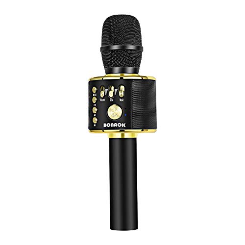 BONAOK Karaoke Mikrofon, 3 in 1 Kabelloses Bluetooth Mikrofon, Kinder Mikrofon Lautsprecher Maschine, Tragbares KTV Mikrofon für zu Hause, Kompatibel mit IOS Android Bluetooth Geräten（Schwarz Gold)