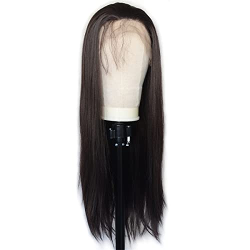 Lace Front Wigs Synthetic with Baby Hair Long Straight Wigs Pre Plucked Dark Brown Middle Part Transparent Lace Wigs for Women Daily Wear,20 inch