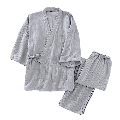 Damen Schlafanzug Zweiteiliger, 2023 Japanisches Kimono-Set, 100% Baumwolle, Pyjama, zweiteilig, Paar Yukata, lose Männer und Frauen, schweißdämpfender Anzug, Heimservice-Set (Color : Gray, Size :