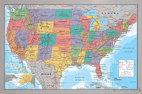 Close Up USA Landkarte Poster (96,5x66 cm) gerahmt in: Rahmen Silber