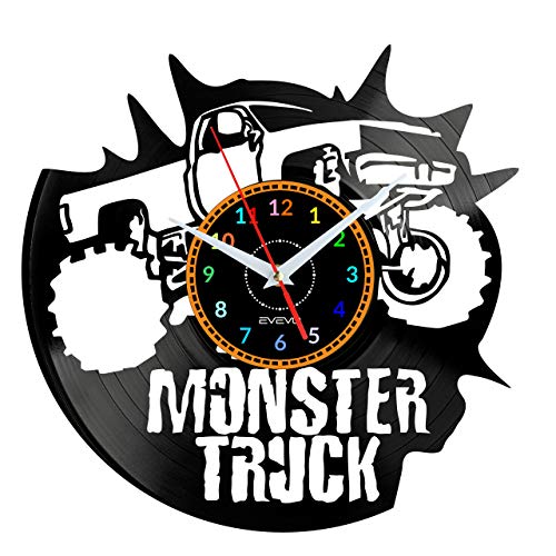 EVEVO Monster Truck Wanduhr Vinyl Schallplatte Retro-Uhr Handgefertigt Vintage-Geschenk Style Raum Home Dekorationen Tolles Geschenk Wanduhr Monster Truck