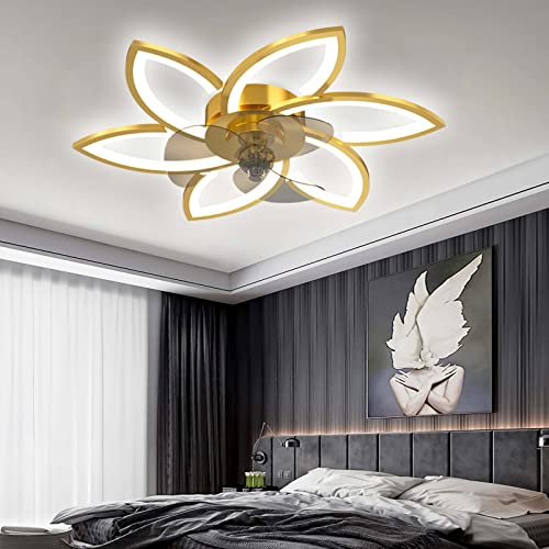 YUNZI LED Deckenventilator mit Beleuchtung und Fernbedienung, 66W Dimmbar Deckenventilatorleuchten, Modern Deckenlampe zum Wohnzimmer Schlafzimmer Sekretariat, Lüfter rückwärts (Gold, 78CM)