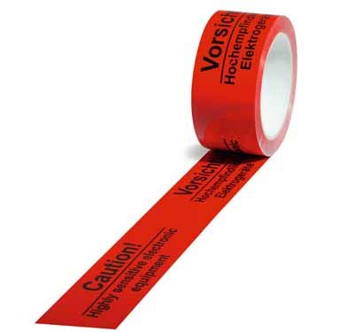 PP-Warn-Klebeband, 50mm breitx66lfm, 52µ, rot, Aufdruck"Empfindliche, Elektrogeräte", Acrylatkl, 12 Rollen