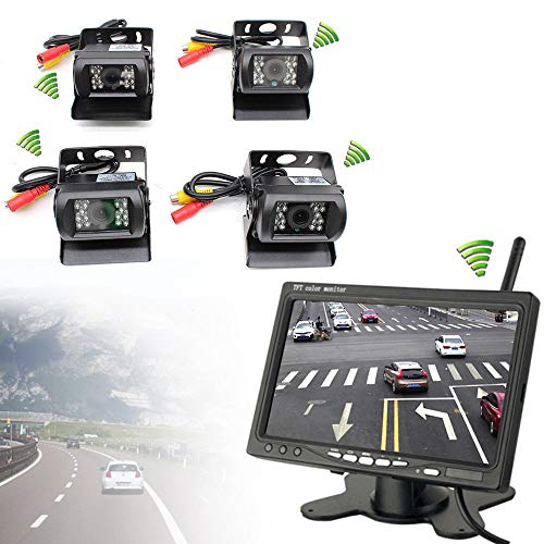 4 Stück 120° Rückfahrkamera YUNRUX Rückfahrkamera Nachtsicht Kabellos Video Rückfahrkamera +7" LCD Monitor Rückansicht für Auto Bus LKW mit Fernbedienung