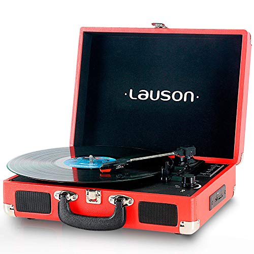 LAUSON Plattenspieler mit Lautsprecher Bluetooth Schallplattenspieler Koffer USB Digital Encoder Vinyl-to-MP3 Vinyl Record Player RCA 33/45/78 RPM (Rot)