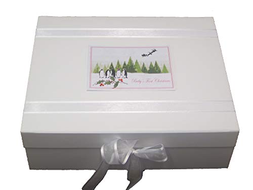White Cotton Cards XBT3X Aufbewahrungsbox für Erinnerungsstücke, Motiv fliegender Weihnachtsmann und süße Pinguine, groß