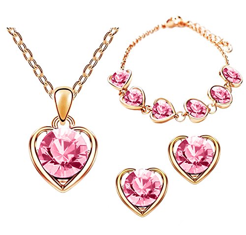 Mianova Damen 3 teiliges Set Rosegold IP in Herz Form mit runden Swarovski Elements Kristall - Ohrringe Armband und Kette Rose Pink