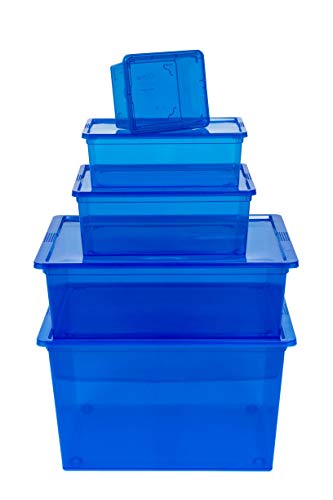 Kreher XL Aufbewahrungsboxen Set. 5 Boxen von 2,5 bis 50 Liter mit Deckel. In transparentem Blau. Preiswert und praktisch.