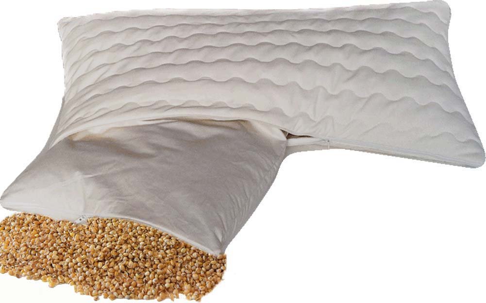Bio Hirsekissen Hirsekopfkissen Hirsespreukissen komfort 40x60 cm mit abnehmbarem waschbarem Bezug aus 100% Baumwolle mit Reissverschluss - Hirseschalen Hirsespelz