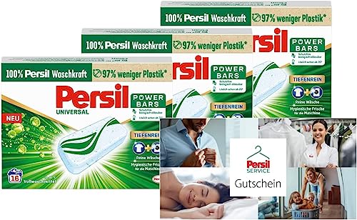3x Persil Power Bars Universal Waschmittel (16 Waschladungen), vordosiertes Vollwaschmittel mit biologisch abbaubarem Schutzfilm + ein 10 € Persil Service Gutschein