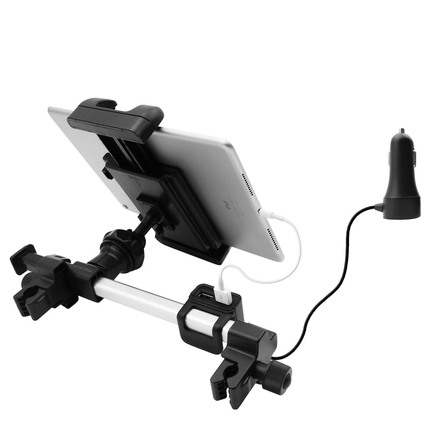 Macally Auto-Kopfstützen Tablet-Halterung mit USB-Lade-Hub & Zigarettenanzünder-Adapter – lädt 4 Geräte mit 3 USB-A & 1 USB-C-Port, Kfz-Halterung für iPad & Tablet bis 25,4 cm Breite