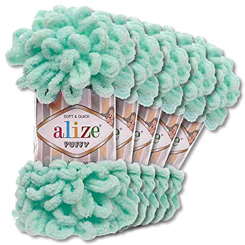 Alize 5 x 100 g Puffy Wolle Chenille Schlaufenwolle Häkeln und Stricken ohne Hilfsmittel Kleidung Accesoire Decken Teppiche (19 | Lichtgrün)