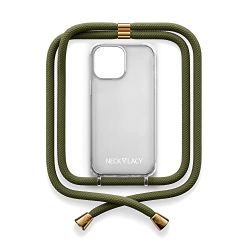 NECKLACY® - The Phone Necklace - Handykette für Apple iPhone 14 in Dark Olive | transparente Handyhülle mit hochwertiger Kordel zum Umhängen - Smartphone Crossbody Case