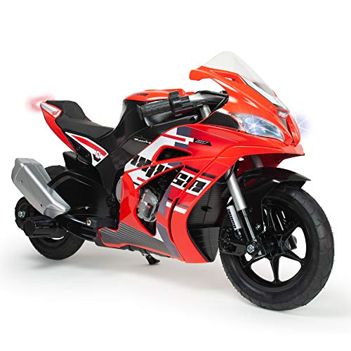 INJUSA - Elektromotorrad Racing Fighter, für Kinder von 6 bis 10 Jahren, Batterie 24V, Gashebel, aufblasbare Räder und Trommelbremse, Höchstgeschwindigkeit 12 km/h, Farbe Rot