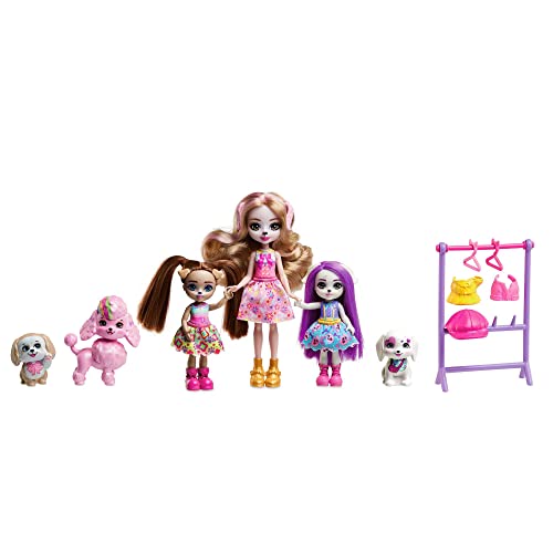 Enchantimals Puppen, Glam Party Puppe Dwyla Dog, Schwesternpuppen, Tierfreundin Hale und 2 Freundefiguren, kleine Puppe mit abnehmbarem Rock und Zubehör, HNV26