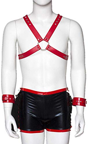 Männer Und Frauen Leder Bondage Kleidung+Handschellen+Shorts, Verstellbare Bondage Sexy Haufen Sexuelle Dessous-Kleidung, Paar BDSM-Spiel Sexspielzeug Rot