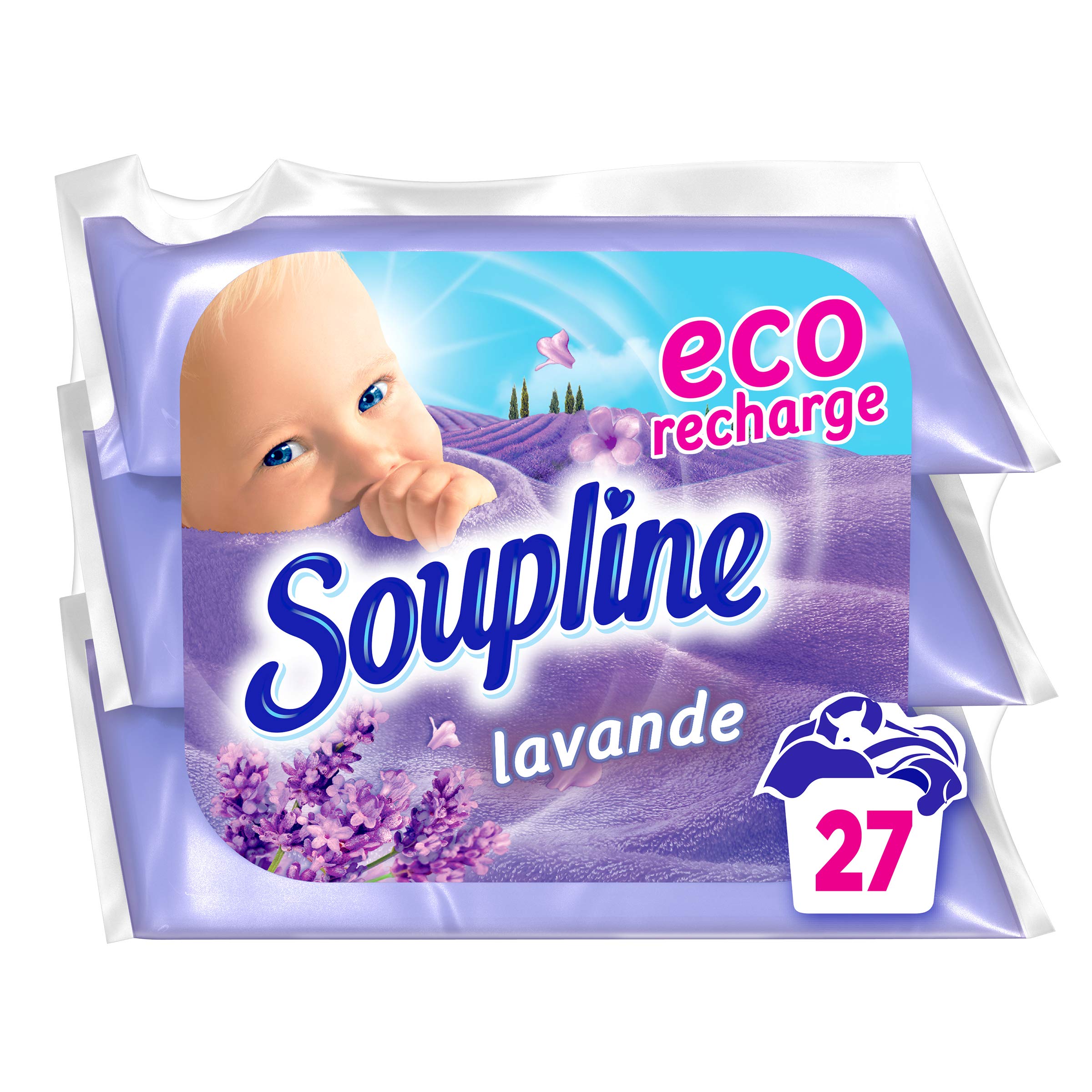 SOUPLINE - Weichspüler Soupline Lavender Eco-Nachfüllpackungen — für unglaublich sanfte Wäsche — lang anhaltende Frische — 3 x 200 ml = 2 Liter klassischer Weichspüler = 27 Wäschen