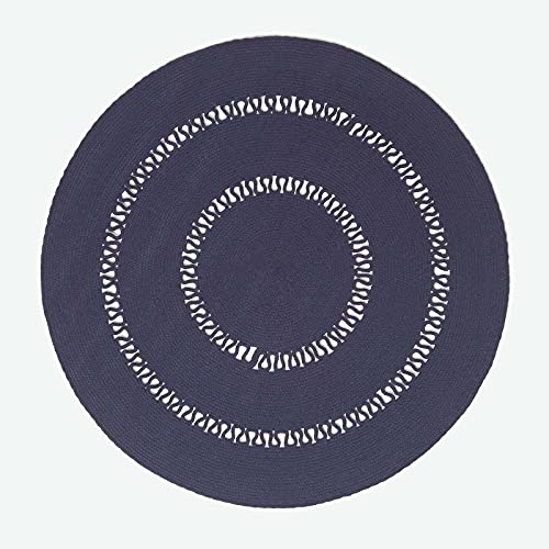 Homescapes dunkelblauer Teppich, rund, 150 cm, gehäkelter Teppich/Vorleger aus Baumwolle im Retro-Look mit Loop-Muster, flach gewebter Teppich für Schlafzimmer, Wohnzimmer, Flur oder Küche, blau