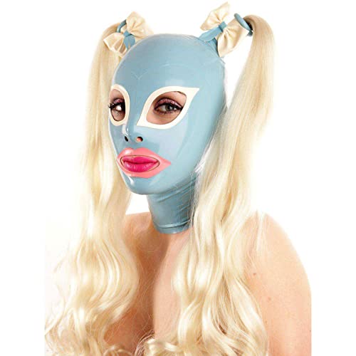 ERNZI Latex Maske Gummi Haube Mit Zwei Braid Perücken Maske Cosplay Kostüm Latex Kopfbedeckungen Angepasst Offene Augen Mund Nasenloch,Blau,XS